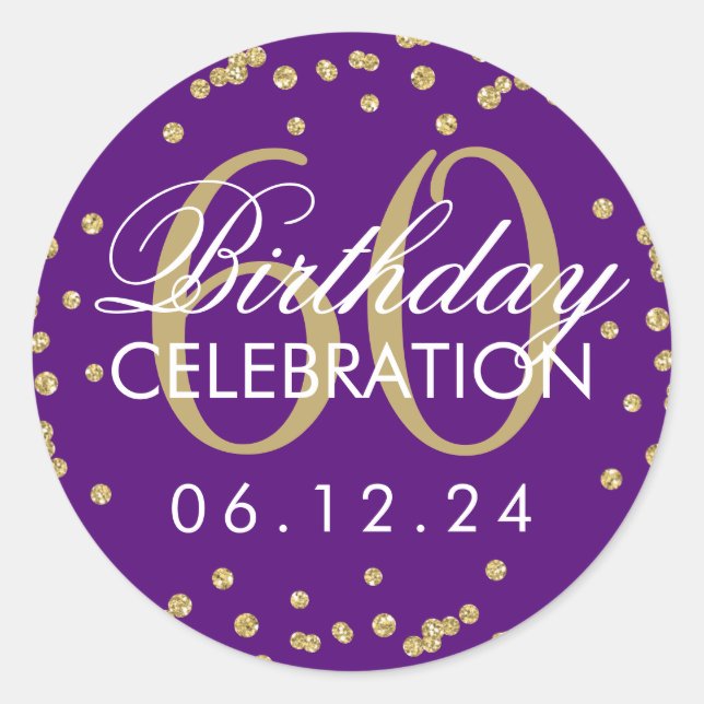 Gold Purple 60th Birthday Faux Glitter Confetti Classic Round Sticker (Front)