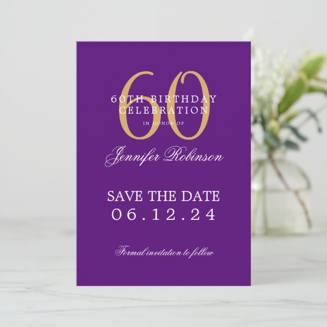 Gold Purple 60th Birthday Save the Date  Invitation (Standing Front)