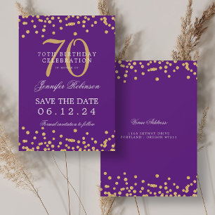 Gold Purple 70th Birthday Save Date Confetti Invitation