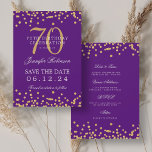 Gold Purple 70th Birthday Save the Date Details Invitation<br><div class="desc">Elegant "70th Birthday Party" design with faux glitter confetti & details text. Easy to use and easy to personalise. Order Today!</div>