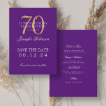 Gold Purple 70th Birthday Save the Date w/ Details Invitation<br><div class="desc">Elegant "70th Birthday Party" design with a formal typography script,  custom name and details text. Easy to use and easy to personalise. Order Today!</div>