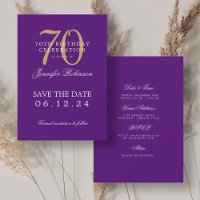 Gold Purple 70th Birthday Save the Date w/ Details