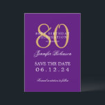 Gold Purple 80th Birthday Save the Date Details Invitation<br><div class="desc">Elegant "80th Birthday Party" design with a formal typography script,  custom name and details text. Easy to use and easy to personalise. Order Today!</div>
