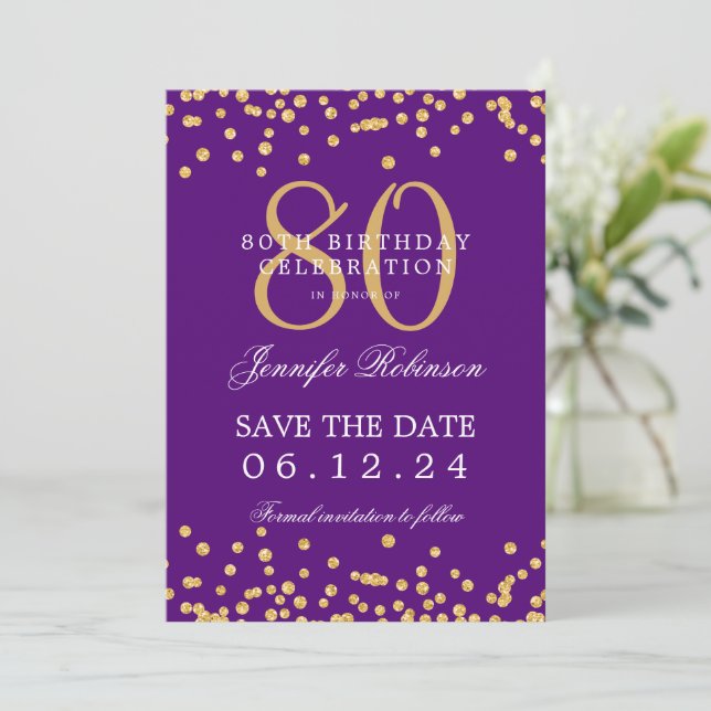 Gold Purple 80th Birthday Save the Date Details Invitation (Standing Front)