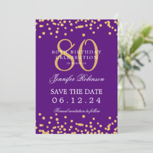 Gold Purple 80th Birthday Save the Date Details Invitation