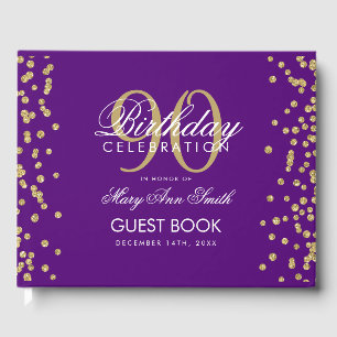 Gold Purple 90th Birthday Glitter Confetti Guest Book