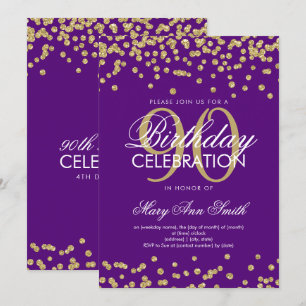 Gold Purple 90th Birthday Glitter Confetti Invitation