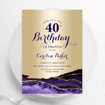 Gold Purple Agate 40th Birthday Invitation<br><div class="desc">Purple and gold agate 40th birthday party invitation. Elegant modern design featuring watercolor agate marble geode background,  faux glitter gold and typography script font. Trendy invite card perfect for a stylish women's bday celebration. Printed Zazzle invitations or instant download digital printable template.</div>