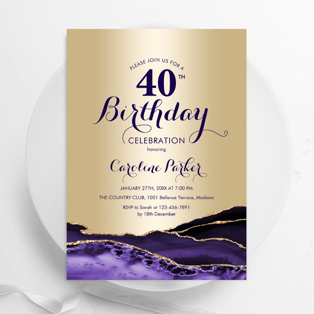 Gold Purple Agate 40th Birthday Invitation (Creator Uploaded)