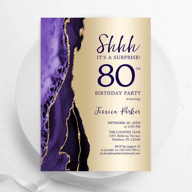 Gold Purple Agate Surprise 80th Birthday Invitation (Creator Uploaded)