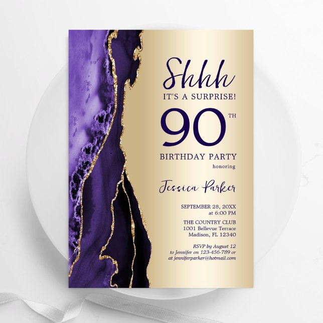 Gold Purple Agate Surprise 90th Birthday Invitation (Creator Uploaded)