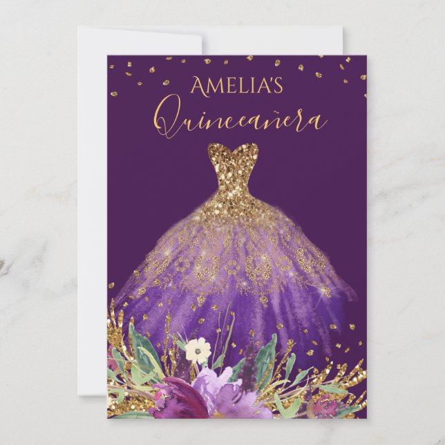 Gold Purple Amethyst Dress Quinceanera Invite (Front)