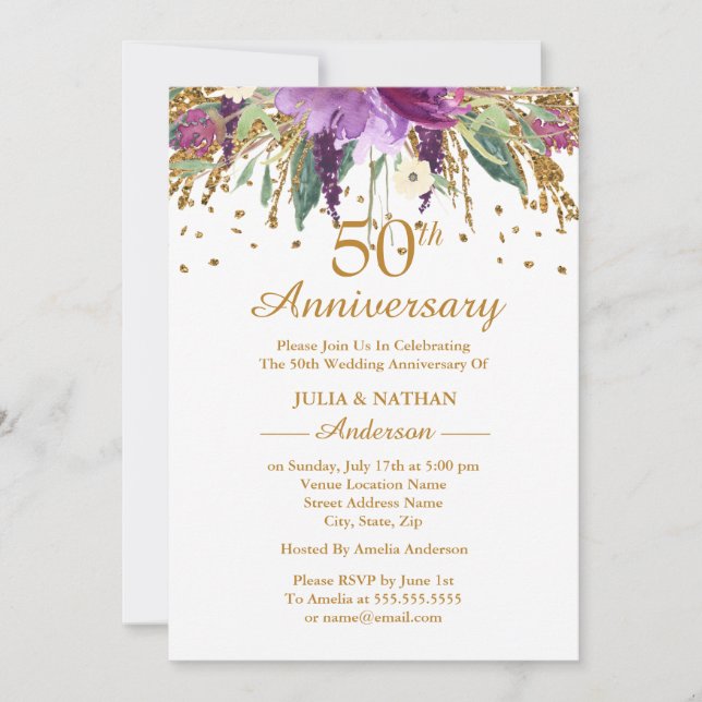 Gold Purple Amethyst Floral 50th Anniversary Invitation (Front)