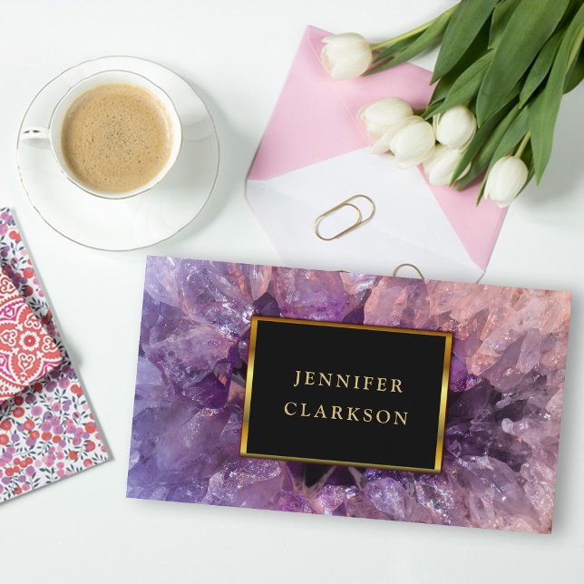 Gold purple amethyst gemstone geode mineral. business card (Purple amethyst black gold elegant chic professional business card.)