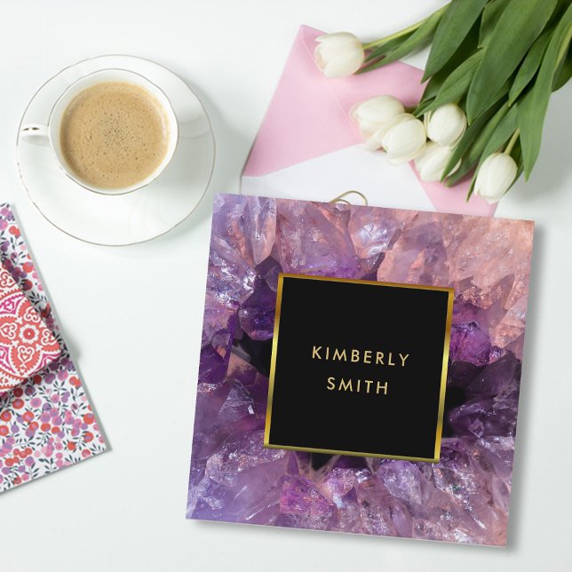 Gold purple amethyst gemstone geode square business card (Modern purple amethyst gold black elegant professional square business card.)