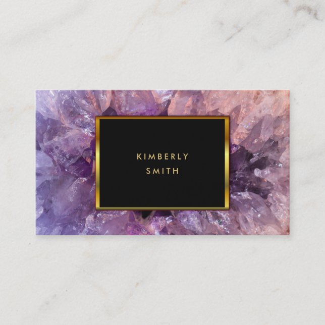 Gold purple amethyst gemstone mineral business card (Front)