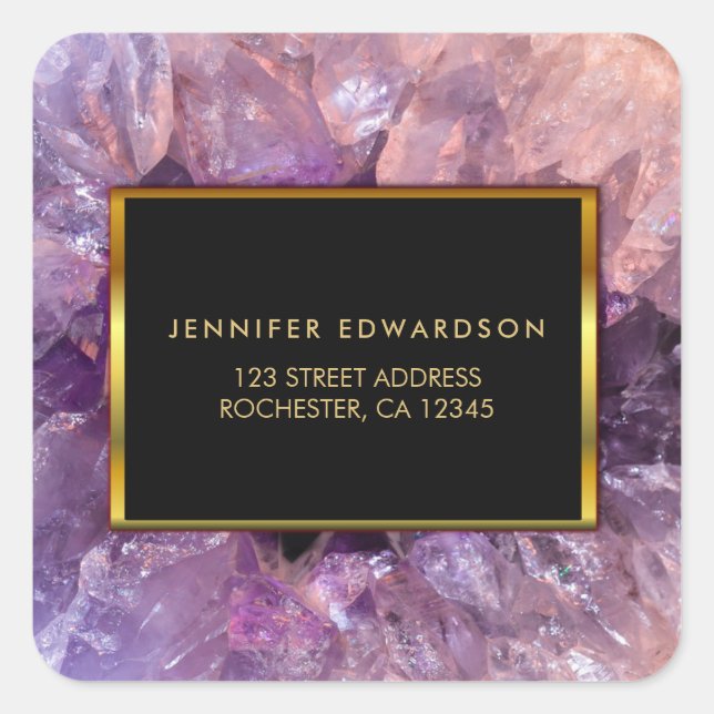 Gold purple amethyst gemstone return address square sticker (Front)