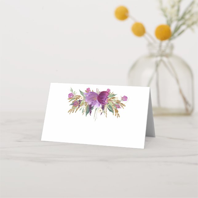 Gold Purple Amethyst Wildflowers Place Cards (Front)