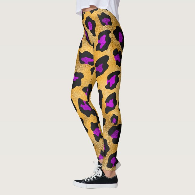 Gold Purple and Black Leopard Print Leggings (Left)