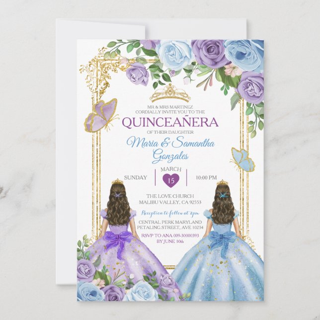 Gold Purple And Blue Floral Crown Twin Quinceañera Invitation (Front)