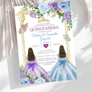 Gold Purple And Blue Floral Crown Twin Quinceañera Invitation
