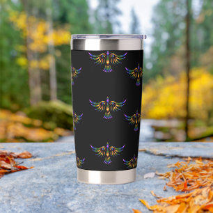 Gold, purple and green abstract bird on black insulated tumbler