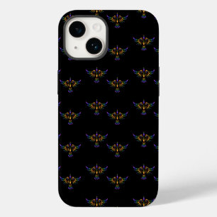 Gold, purple and green abstract bird on black iPhone 14 case