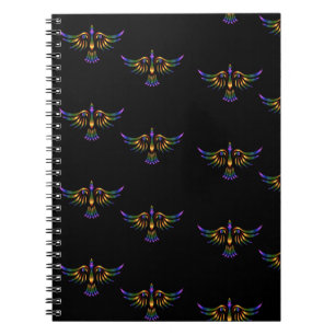 Gold, purple and green abstract bird on black notebook