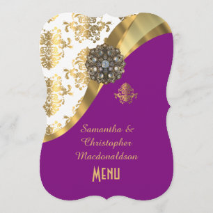 Gold, purple and white damask wedding menu