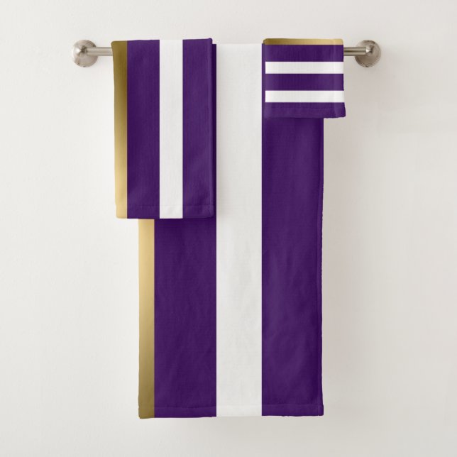 Gold Purple And White Stripes Bath Towel Set (Insitu)