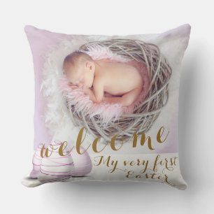Gold Purple Announcement Welcome Pink Photo Easter Cushion