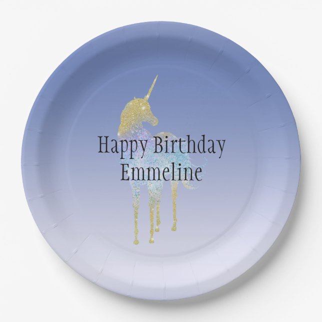 Gold Purple Aqua Glitter Unicorn   Paper Plate (Front)