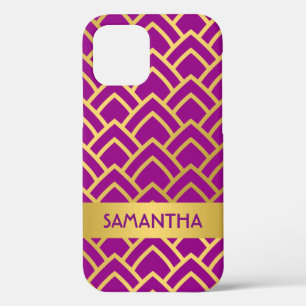 Gold Purple Art Deco Geometric Personalised Name iPhone 12 Case