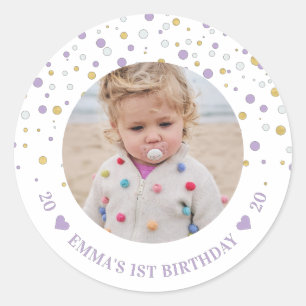 Gold & Purple Balloons   1st Birthday Party Photo Classic Round Sticker