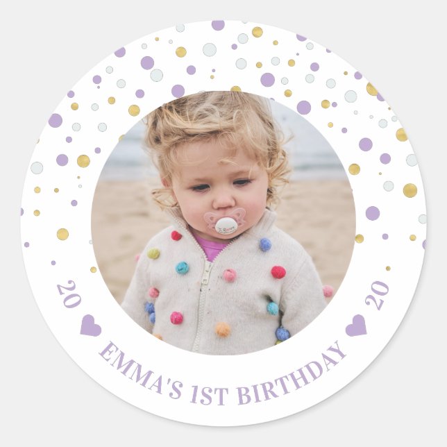 Gold & Purple Balloons | 1st Birthday Party Photo Classic Round Sticker (Front)