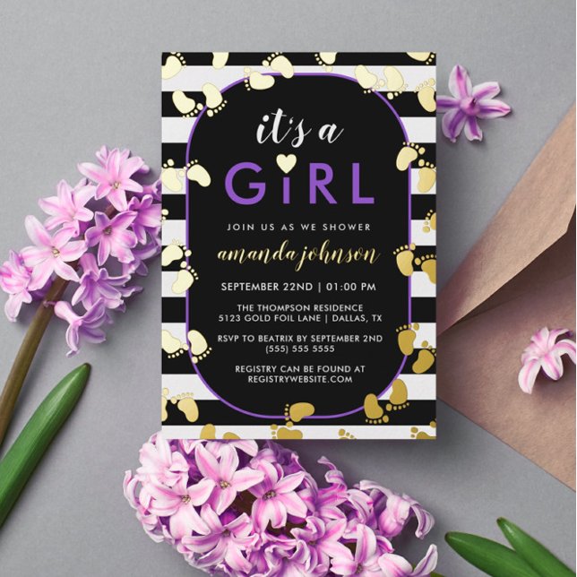 Gold Purple Black It's A Girl Baby Footprints (Creator Uploaded)