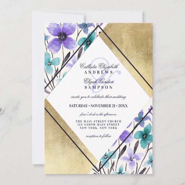 Gold Purple Black Teal Flower Watercolor Wedding Invitation (Front)