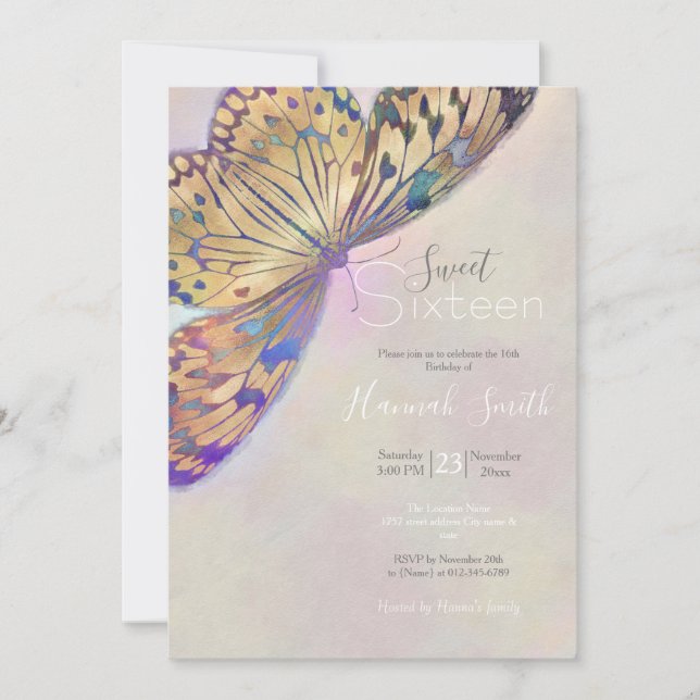 Gold Purple Blue Butterfly Pattern Invitation (Front)