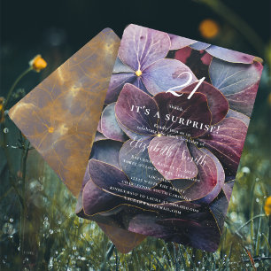 Gold Purple Blue Hydrangea Surprise 21st Birthday Invitation