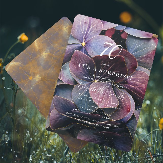Gold Purple Blue Hydrangea Surprise 70th Birthday Invitation (Creator Uploaded)