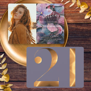 Gold Purple Blue Hydrangeas 21st Birthday Photo Invitation
