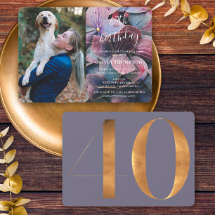 Gold Purple Blue Hydrangeas 40th Birthday Photo Invitation