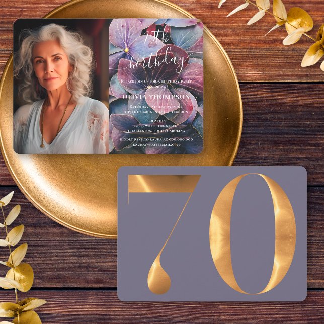 Gold Purple Blue Hydrangeas 70th Birthday Photo Invitation (Front / Back)