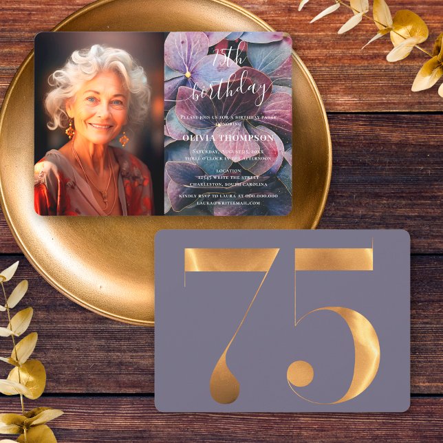 Gold Purple Blue Hydrangeas 75th Birthday Photo Invitation (Front / Back)