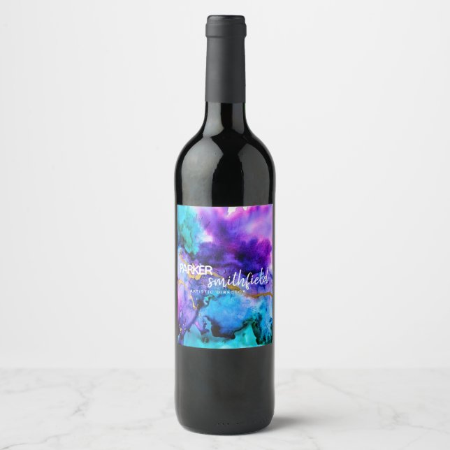 Gold Purple Blue Watercolor Wine Label (Front)
