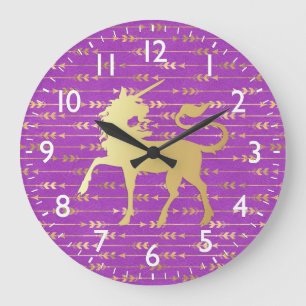 Gold & Purple Bohemian Pattern & Unicorn Large Clock