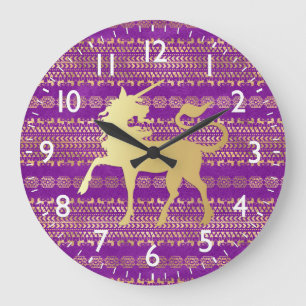 Gold & Purple Bohemian Pattern & Unicorn Large Clock
