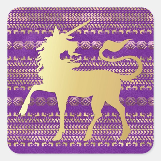 Gold & Purple Bohemian Pattern & Unicorn Square Sticker (Front)