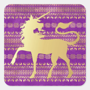 Gold & Purple Bohemian Pattern & Unicorn Square Sticker