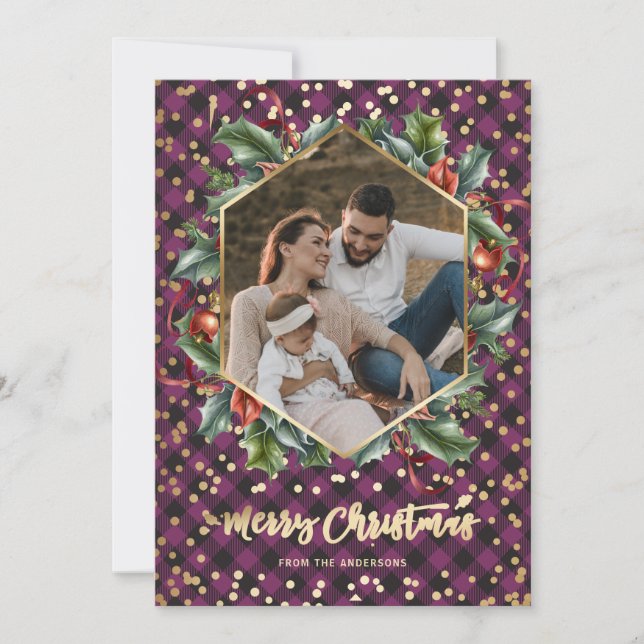 Gold Purple Buffalo Plaid Photo Christmas Cards (Front)